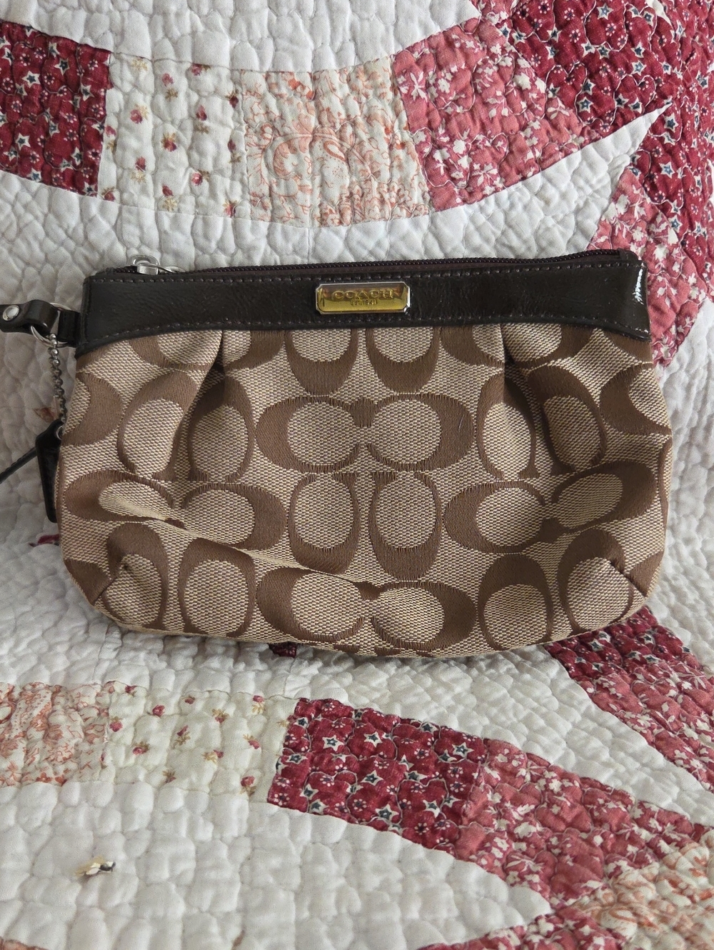 Coach Tan and Brown Signature Canvas Wristlet